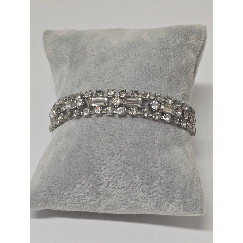Vintage 50s Old Hollywood Glamour Silvertone Triple Baguette Rhinestone Bracelet